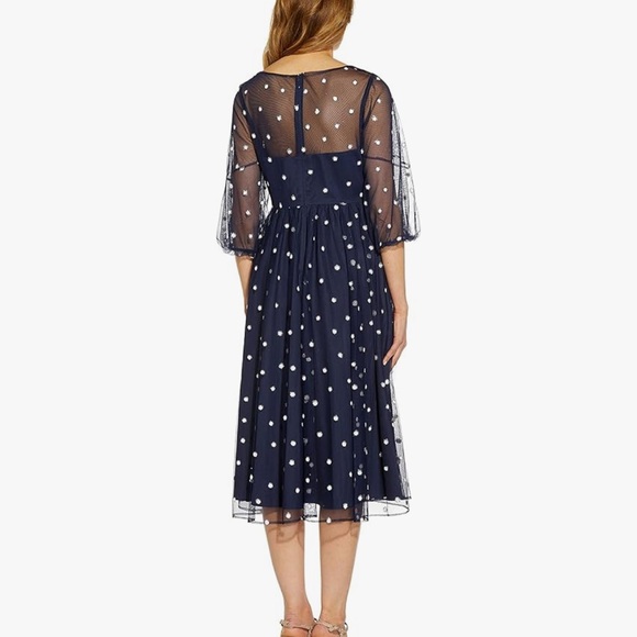Adrianna Papell Navy Sheer Polka Dot Midi Dress - Picture 3 of 3